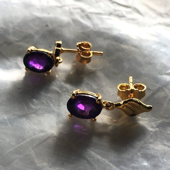 Natural Amethyst Gold Plated Earrings Post Dangles - Picture 7 of 15